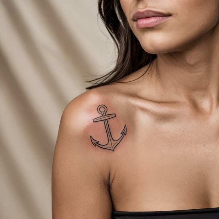 Girl tattoo of anchor on front shoulder